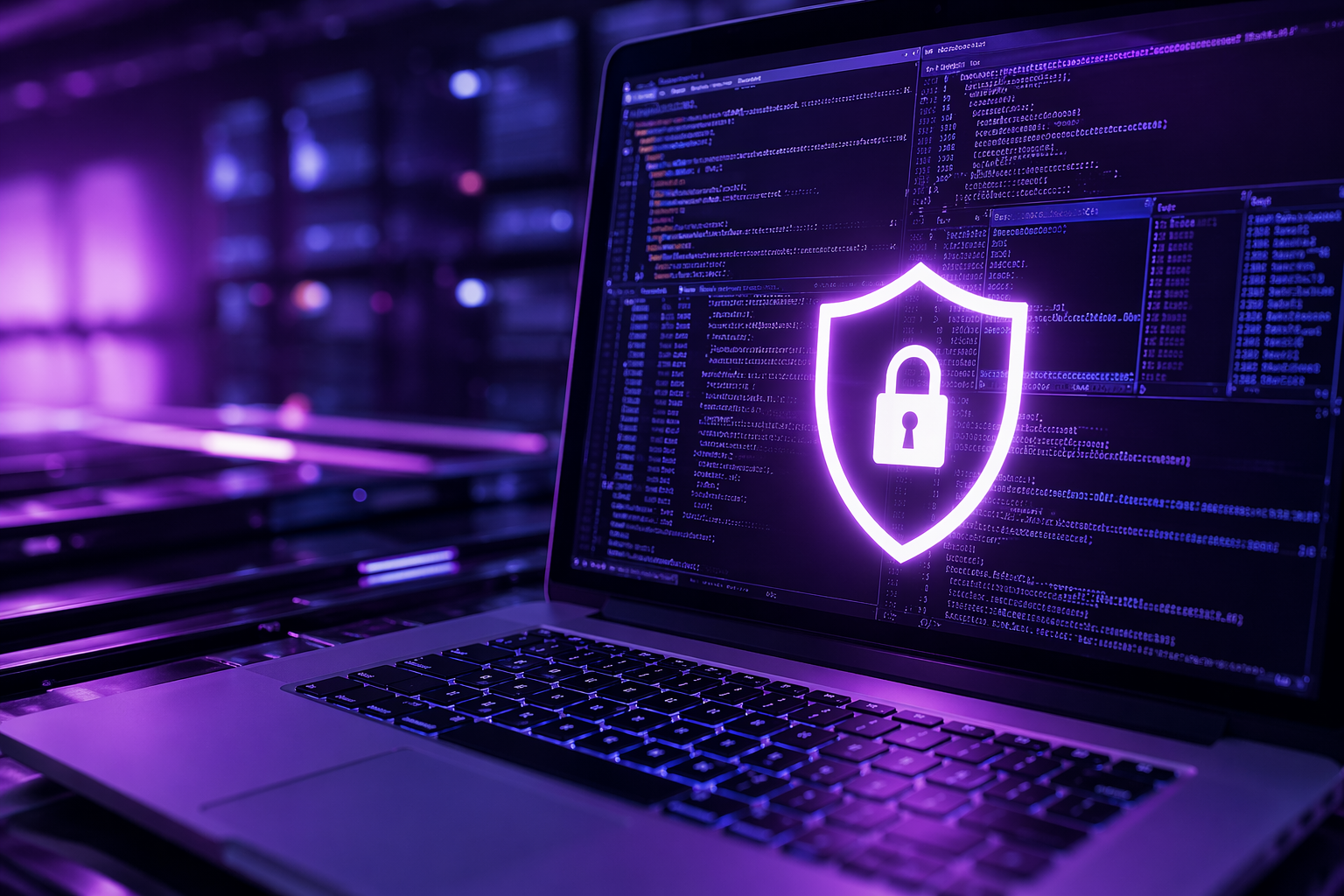 Imagem de notebook com tema de cibersegurança em tons roxos